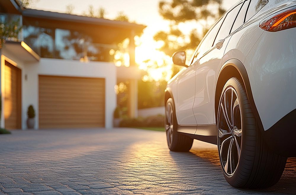 A car in the driveway of a private residence at sunset — personal and household management