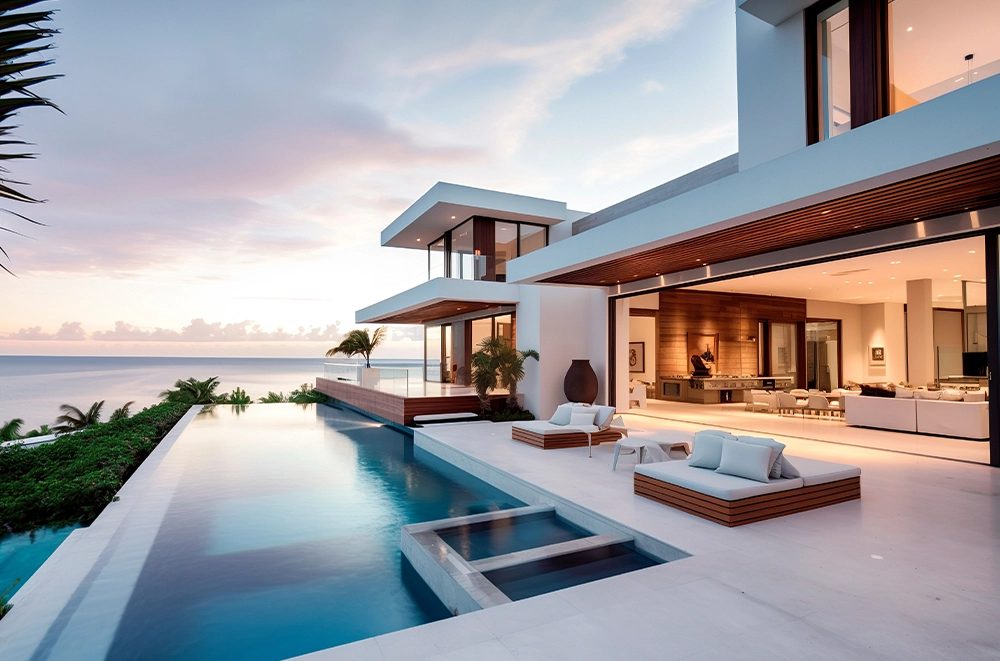 A luxury oceanfront home with an infinity pool at dusk — property and asset work